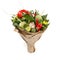 Unique colorful bouquet of vegetables and fruits as a gift on a white background