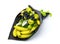 Unique edible bouquet consisting of bananas, pears, apples, lime and black grapes on a white background