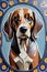 A unique and elegance hound dog composed of intricate mosaic tiles, in cartoon style, diverse experiences that shape its character