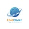 Unique food planet logo design vector illustration. consisting of a plate, fork and knife icon as the planet. restaurant, Cafe