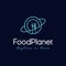 Unique food planet logo design vector illustration. consisting of a plate icon, fork and knife icon as the planet. restaurant logo