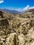 Unique geological formations cliffs shapes, Moon Valley park, La Paz mountains, Bolivia tourist travel destination