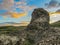 Unique geological formations columnar basalt and basalt rosettes at Vesturdalur, Asbyrgi, with dramatic sky in the sunset, Northea