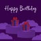 Unique gift boxes with cloud and stage in purple background. Birthday template