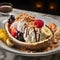 A unique, gourmet twist on the classic banana split, featuring unconventional ice cream flavors, artisanal toppings, set against a