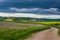 Unique green landscape in Orcia Valley, Tuscany, Italy. Dramatic sunset sky, dirt road crossing cultivated hill range and cereal