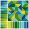 Unique Harmonious Color Palette with Geometric Composition and Blue, Green, Yellow Color Swatches and Gradients