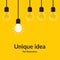 Unique idea. Bright idea and insight concept with light bulb, Isolated on yellow background, creative idea and
