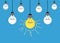 Unique idea. Hanging light bulbs with one glowing and shine. Working solution concept flat vector Illustration