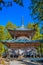 Unique Japan Destinations. View of Danjo Garan Sacred Temple with Konpon Daito Great pagoda at Mount Koyasan in Japan