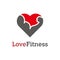 Unique love fitness logo. consisting of a love heart icon with strong hand/body of athlete icon