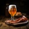 Unique And One-of-a-kind Beer And Bacon On Wooden Board