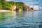 Unique paradise Anse Source d`Argent beach at La Digue in evening sunset light, Seychelles