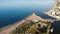 Unique place in Belek with sand braid, river and sea, aerial view