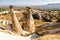 Unique rock formations near Urgup, symbol of Cappadocia, popular place in Turkey