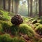 A unique truffle mushroom amidst lush greenery in a serene forest, illuminated by soft, natural light.