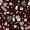Unique valentine`s day seamless pattern with valentine hand drawn art, flower, coffee cup, heart, star, chocolate candy, cookie.