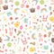 Unique vector easter seamless pattern with cute clipart: bunny, egg, flower, plant, rainbow, balloon, deer, cat etc. easter tile.