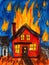 Uniquea little child\\\'s depiction of a burning house. Generative AI