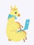 A unisex character. Cartoon fluffy llama with a bandage around its neck works hard on a laptop.