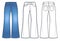 Unisex flared bottom Jeans Pants technical fashion illustration, blue design.