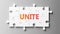 Unite complex like a puzzle - pictured as word Unite on a puzzle pieces to show that Unite can be difficult and needs cooperating