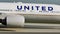 United Airlines landing in Frankfurt Airport, FRA. Close-up view of cabin crew