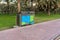 United Arab Emirates, UAE 3.MARCH.2020: Different colored trash cans with paper, plastic, glass