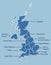 United Kingdom or UK map land area vector with region names on blue background