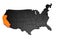 United States of America, 3d black map, with California state highlighted in orange.