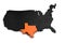 United States of America, 3d black map, with Texas state highlighted in orange.