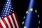 United States of America and European Union flags, concept of bilateral relations, friendship or conflict