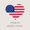 United States of America heart shaped label with american flag. Made in USA sticker. Factory, manufacturing and production country