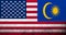 United States of America national flag with National flag of Malaysia. Grunge background