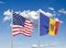 United States of America vs Moldova. Thick colored silky flags of America and Moldavia. 3D illustration on sky background. -