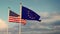 United states and European union flags on a flagpole show political relations