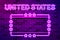 United States glowing purple neon lettering and a rectangular frame with stars