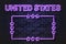 United States glowing violet neon letters and starred frame on a black brick wall