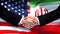 United States and Iran handshake, international friendship, flag background