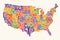 United States map with names in the shape of each state. Colorful map design elements.