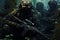 United States Marine Special forces soldiers with assault rifle in dark forest. Selective focus, Stealthy Shadows: Elite soldiers