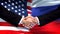 United States and Russia handshake, international friendship, flag background