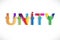 Unity colorful word text with handshaking hands logo