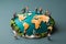 Unity on Earth Miniature figures standing together on the globe graphic