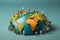 Unity on Earth Miniature figures standing together on the globe graphic