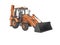 Universal construction equipment with front loading at the front and hydraulic bucket at the rear rear render on white background