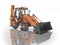Universal construction equipment with front loading at the front and hydraulic bucket at the rear rear render on white background