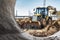 A universal excavator is working on a construction site against a cloudy sky. Earthworks at a construction site. Modern