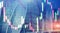 Universal finance abstract background Economic growth graph chart on futuristic city. Double exposure