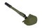 Universal green engineer shovel, tool for a hike or for camping, on a white background